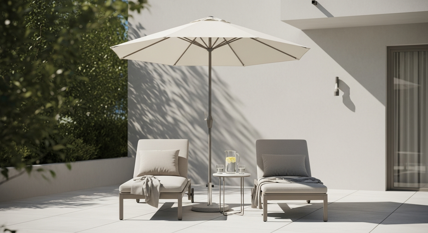 Sand white round garden parasol with adjustable pole for outdoor patio shade