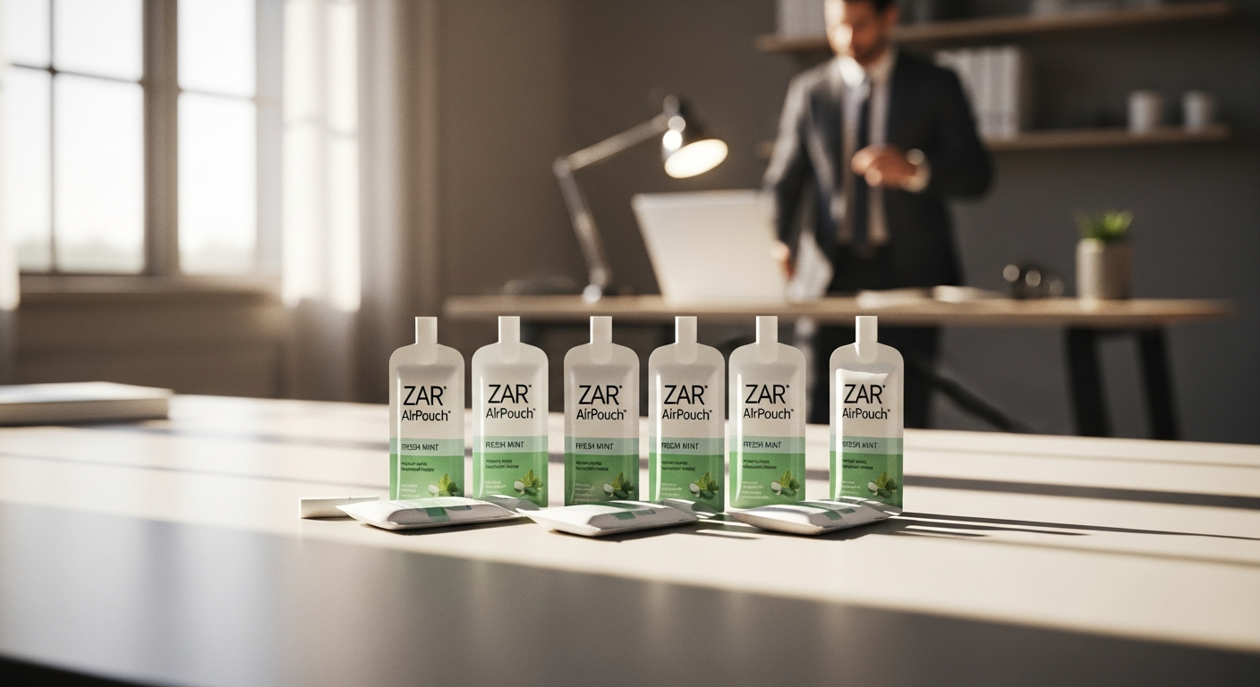 Zar AirPouch Fresh Mint nicotine pouches displayed in professional setting showing discreet product design