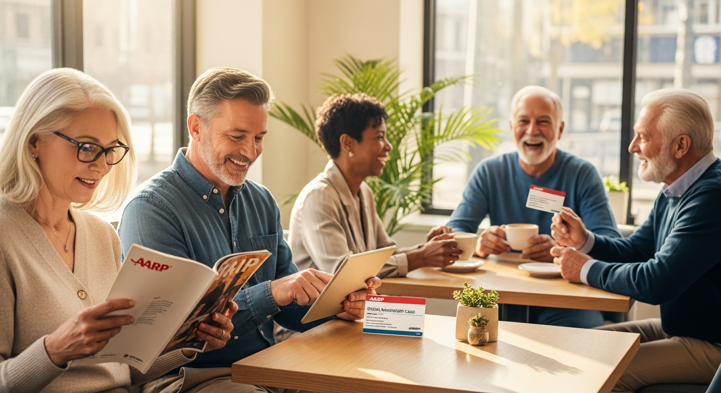 Senior couple reviewing AARP membership benefits and discount options at home