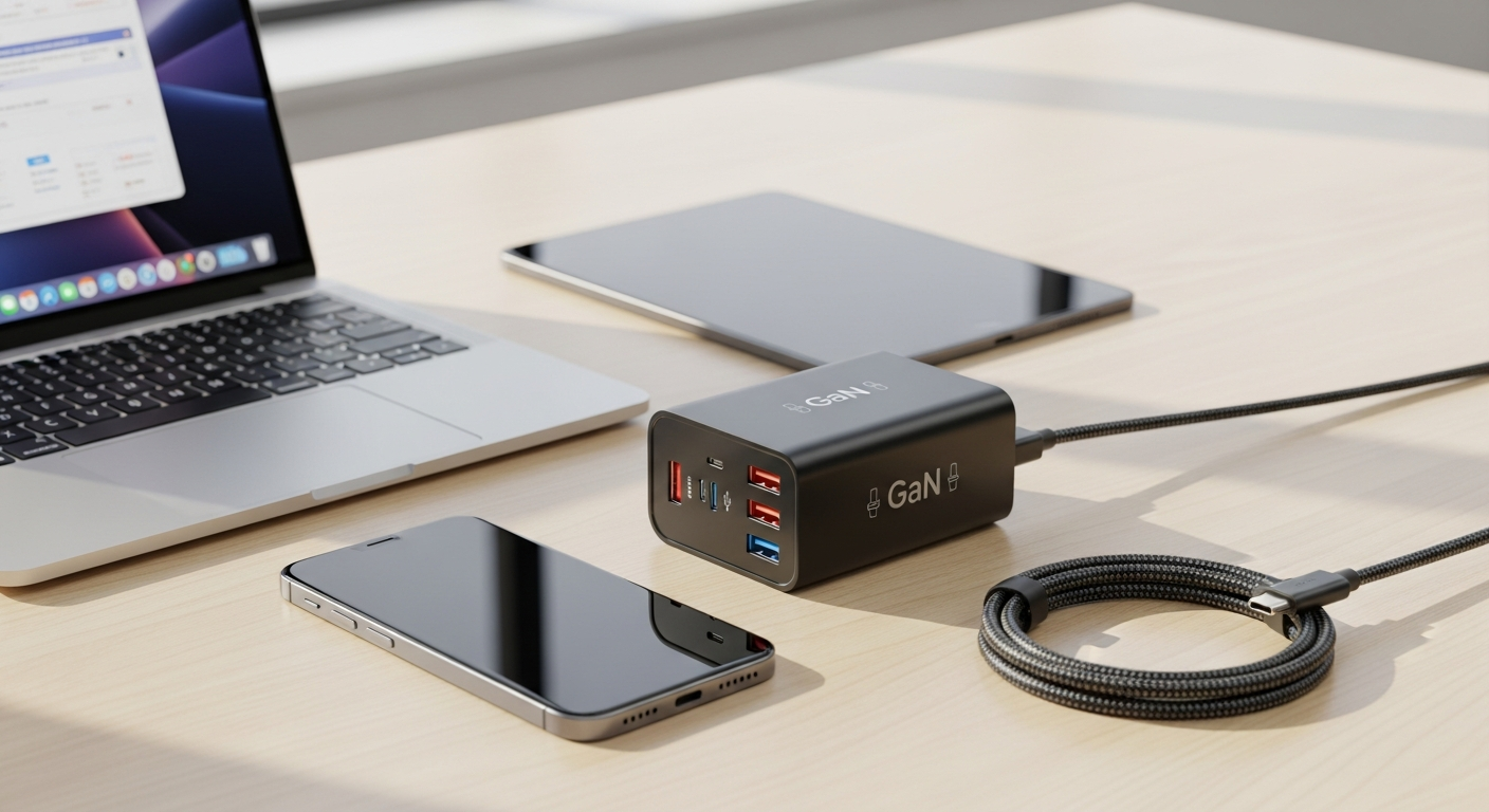 AOHI Magcube 100W GaN Fast Charger with dual USB-C ports and Magline LED cable displayed on desk