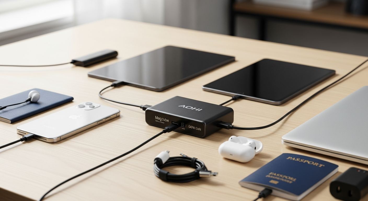 AOHI Magcube 100W GaN Fast Charger compact power adapter with dual USB-C ports and LED display cable