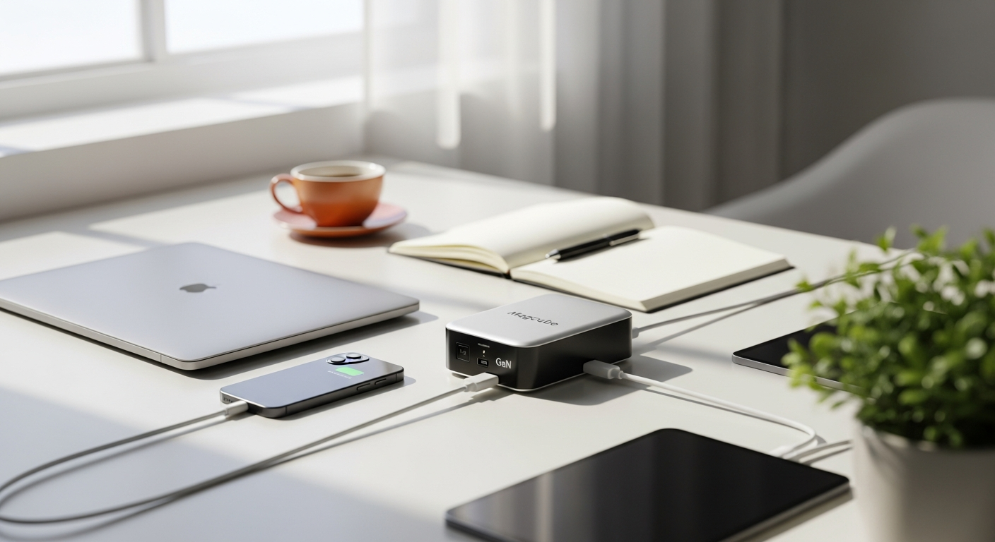 AOHI Magcube 100W GaN Fast Charger with dual USB-C ports and LED display cable for remote workers