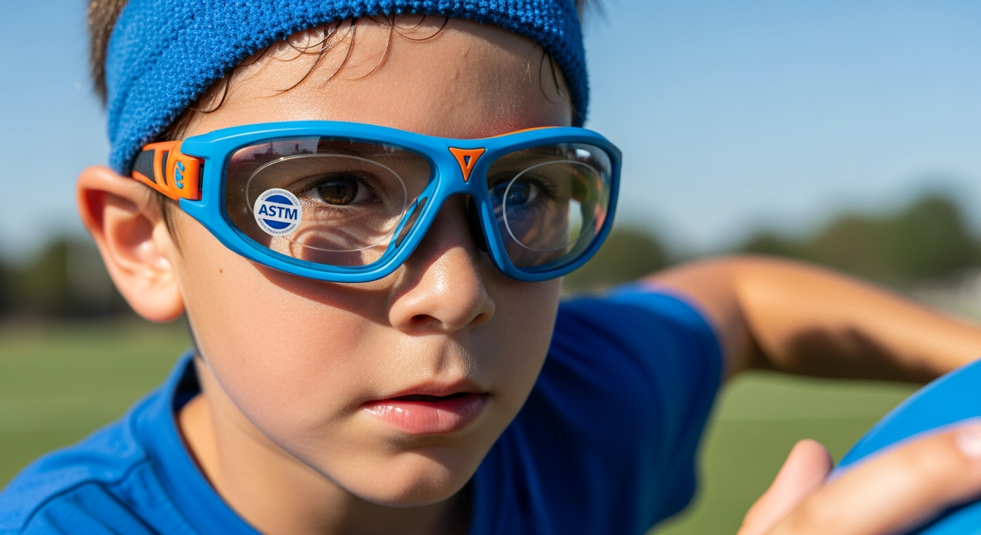 Liberty Sport Rec Specs protective goggles for youth athletes showing wrap-around design and adjustable straps