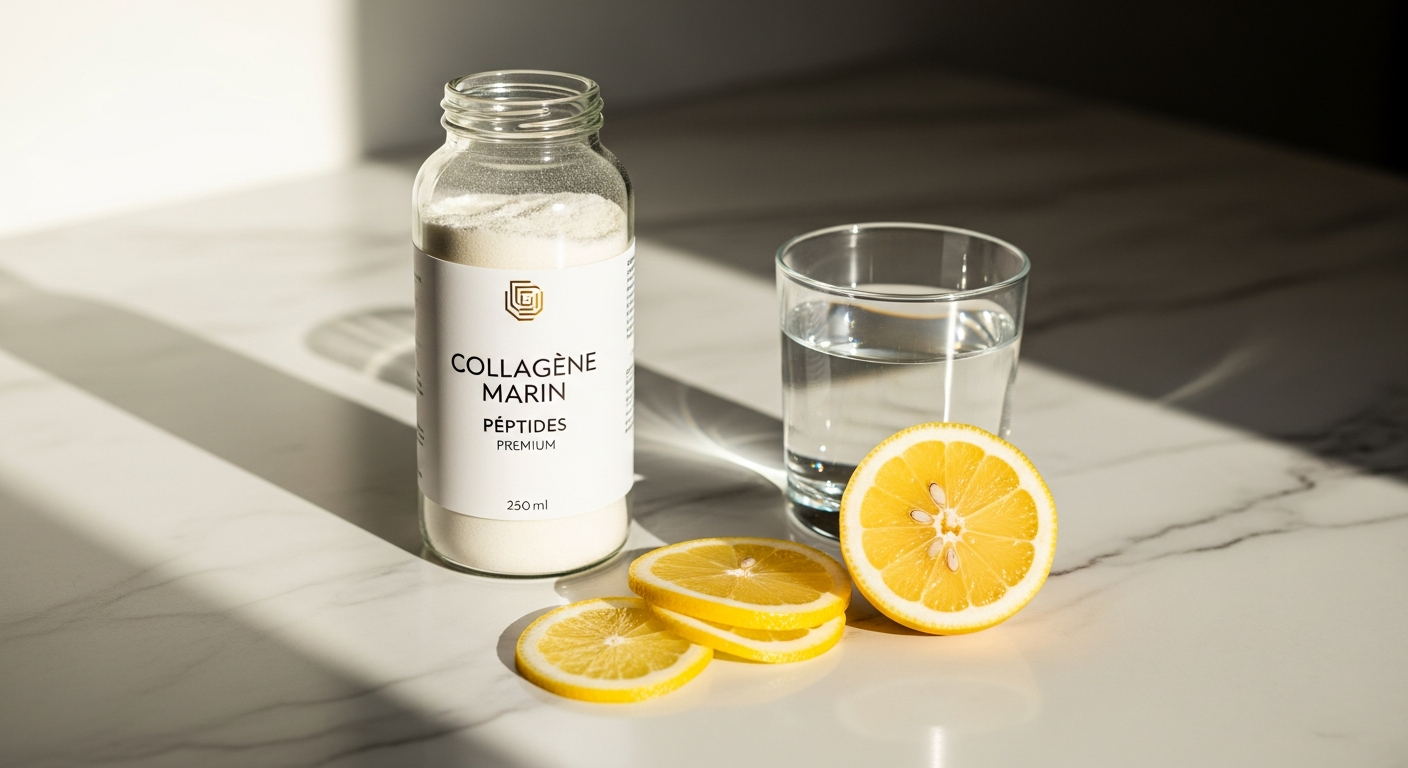 Premium marine collagen peptides supplement powder in glass jar with fresh fish and French flag backdrop