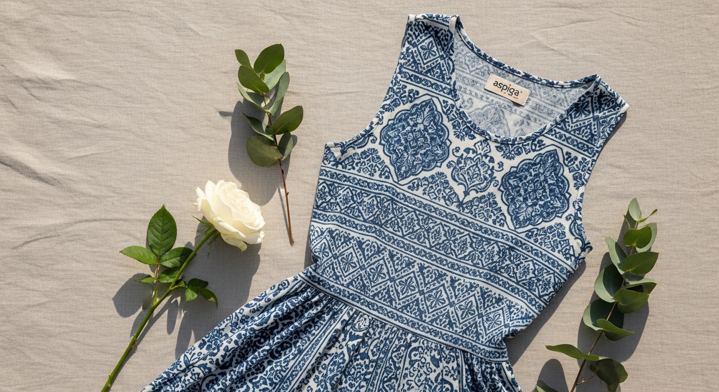 Hand-block printed organic cotton maxi dress with white and cobalt blue pattern, featuring V-neckline and shirred waistband design