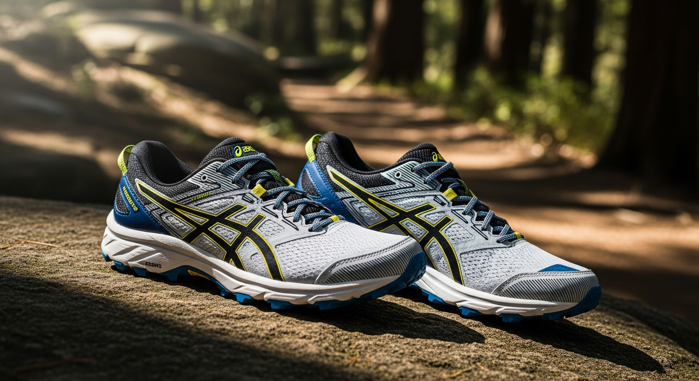 Asics Trabuco trail running shoes displayed on rocky mountain terrain with muddy trail background