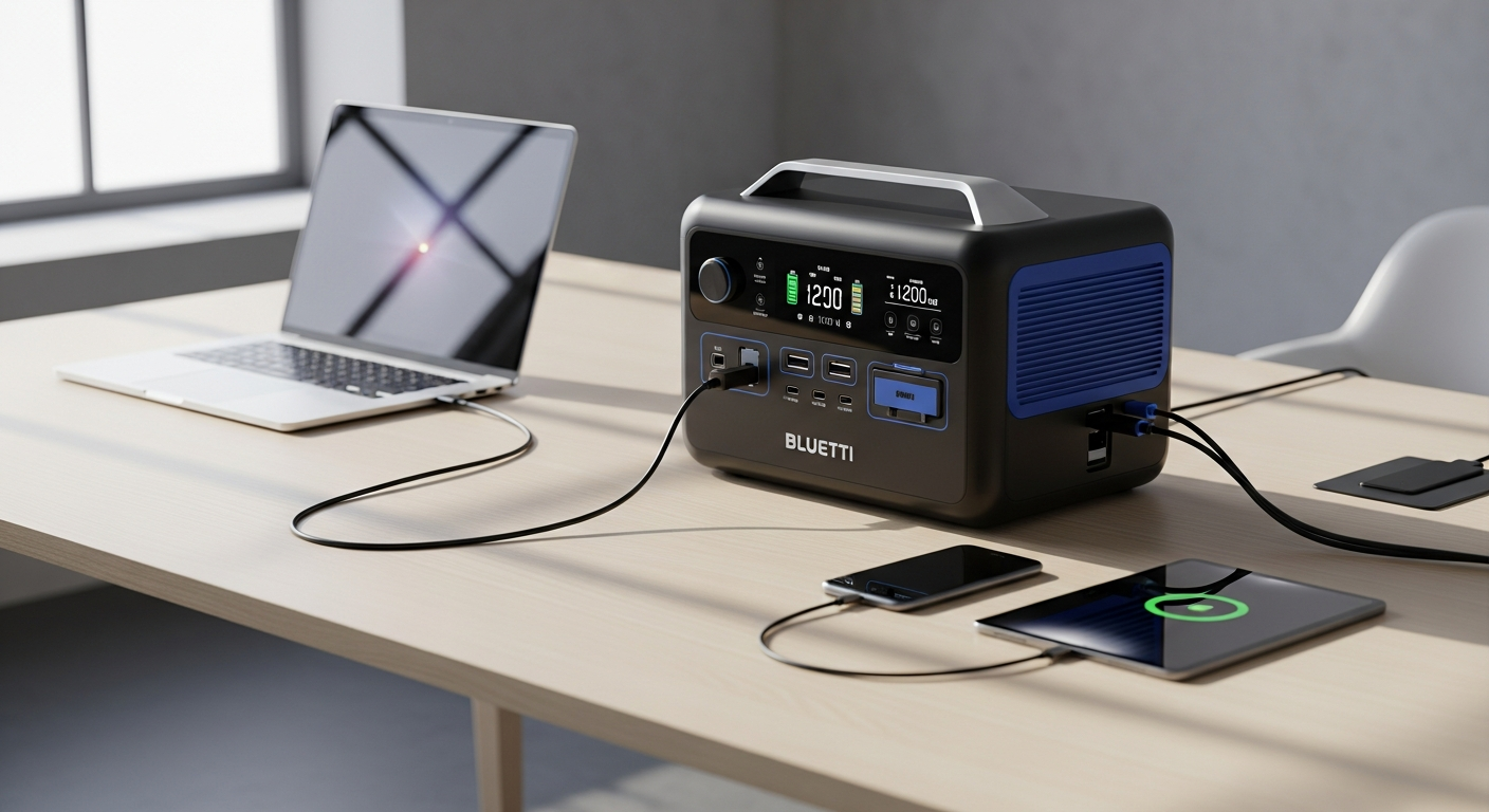BLUETTI AC200MAX portable power station with LCD display and multiple charging ports