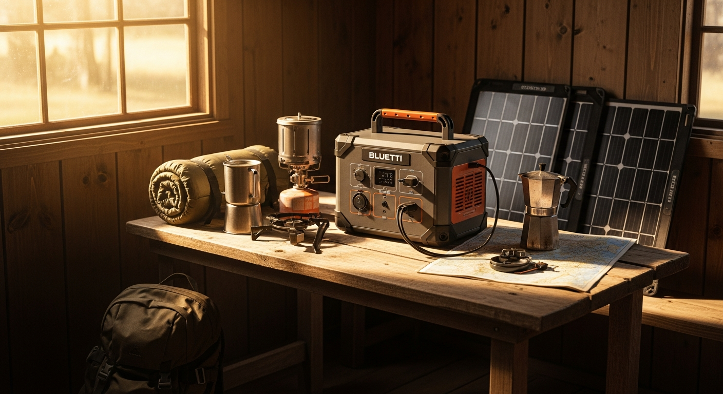BLUETTI AC180P portable power station displayed with solar panels and camping equipment in outdoor setting