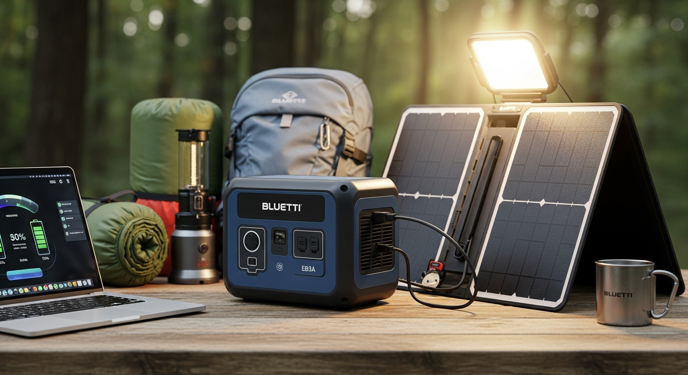 BLUETTI EB3A portable power station with solar panels charging in outdoor setting