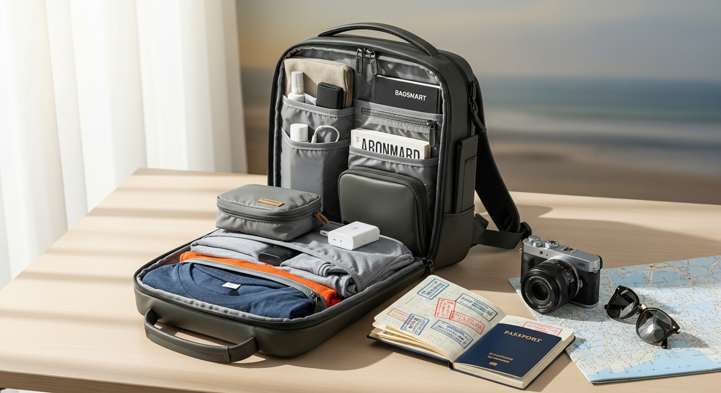 Bagsmart Blast Travel Backpack with expandable clamshell opening and organized compartments displayed against neutral background