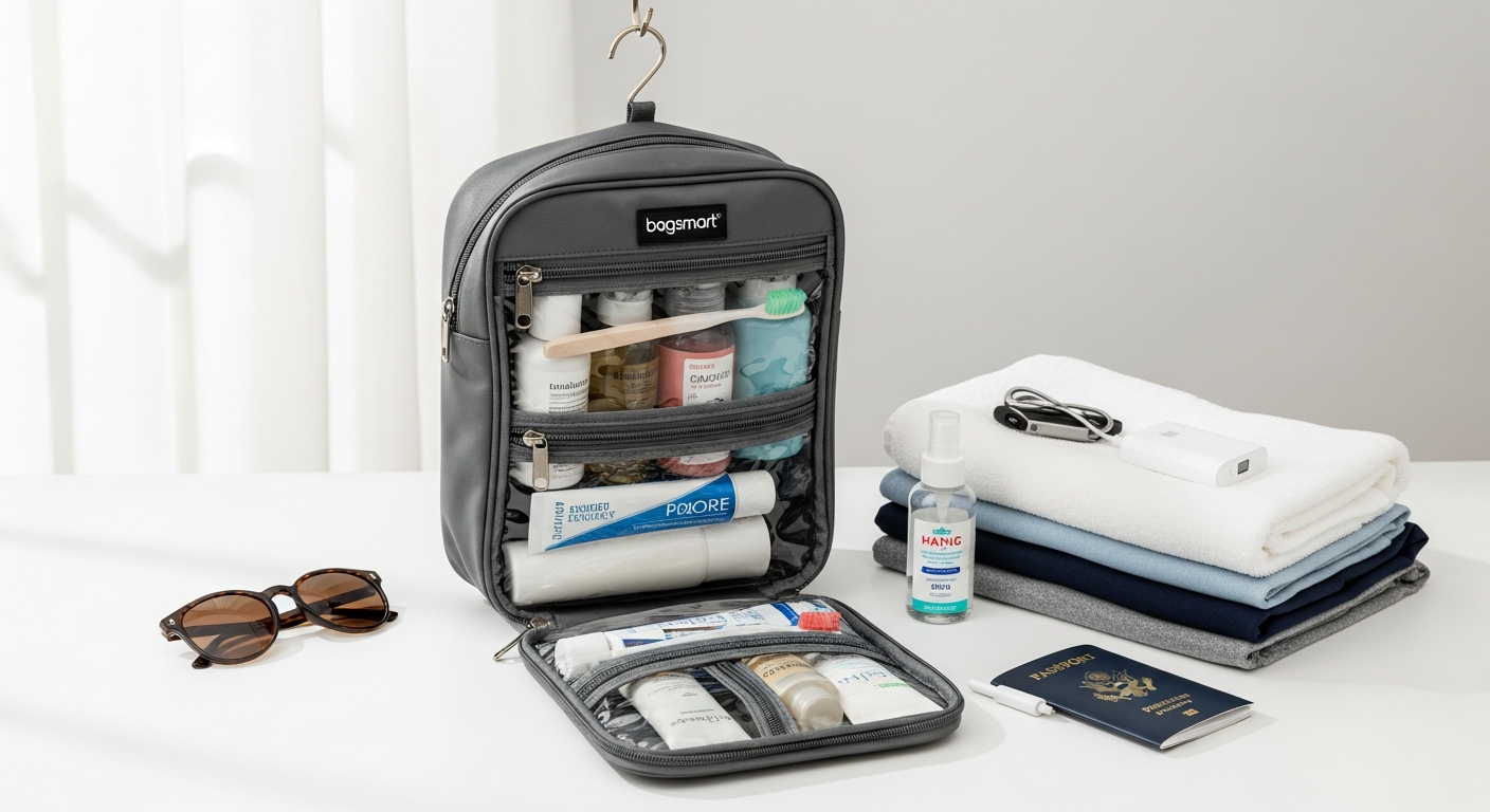 Bagsmart hanging travel toiletry bag with transparent compartments displayed in a modern bathroom setting