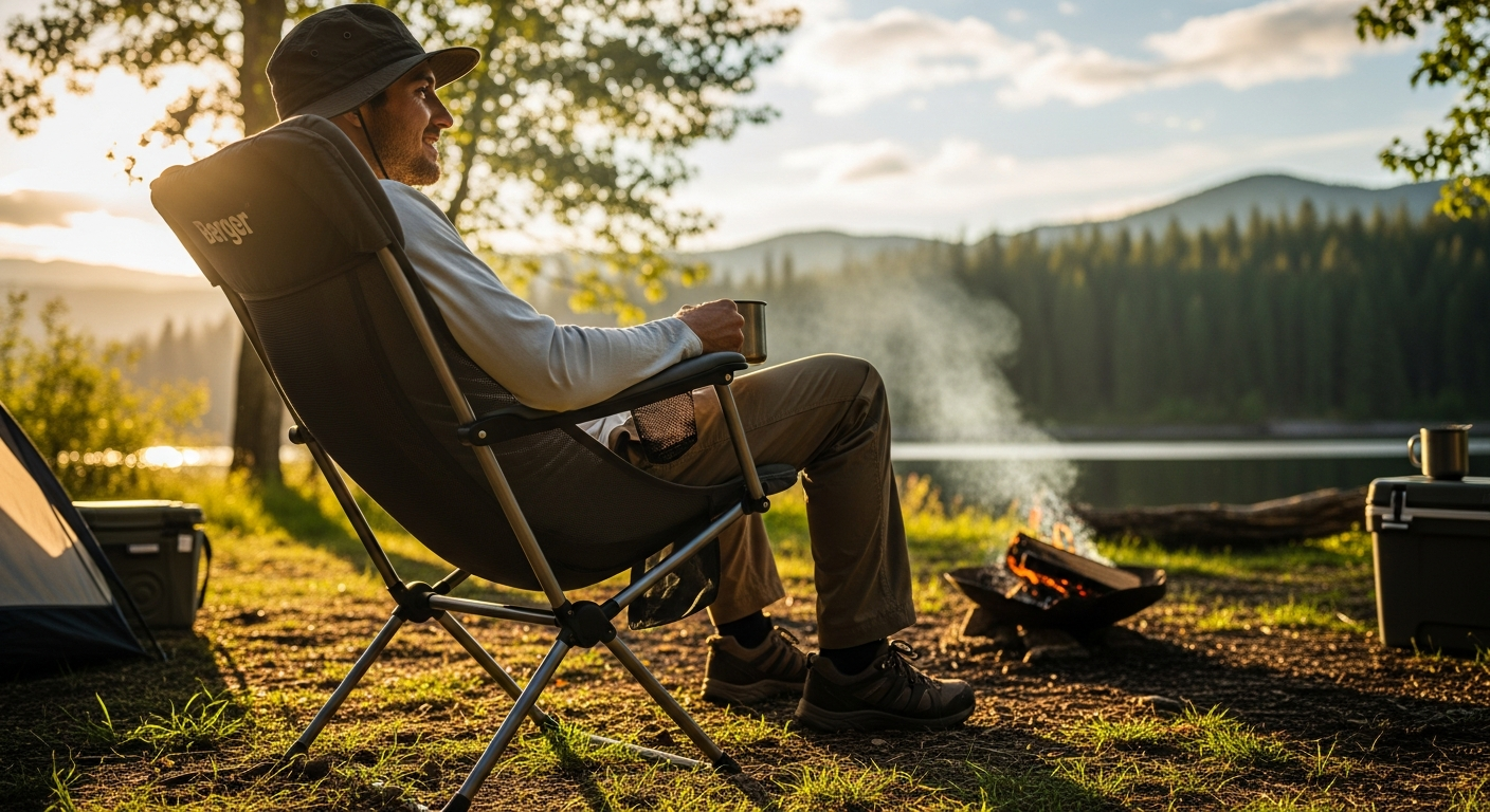 Berger Slimline Folding Camping Chair with adjustable headrest and reclining backrest in anthracite color