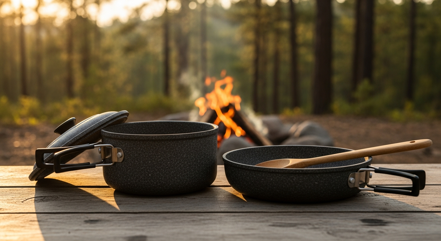 Berger Stone Rock Pasta Pot Set featuring lightweight aluminum construction with non-stick granite coating and removable handles for camping