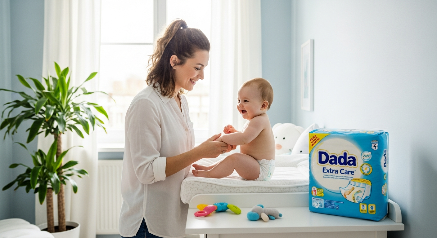 Polish mother holding baby while examining Dada Extra Care Diapers package at Biedronka store