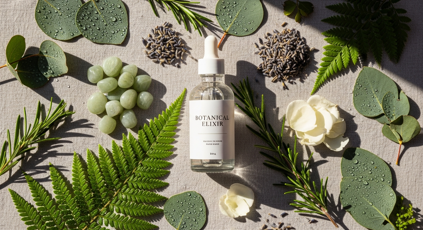 Botanycl SkinClear Elixir plant-based supplement bottle with natural ingredients displayed