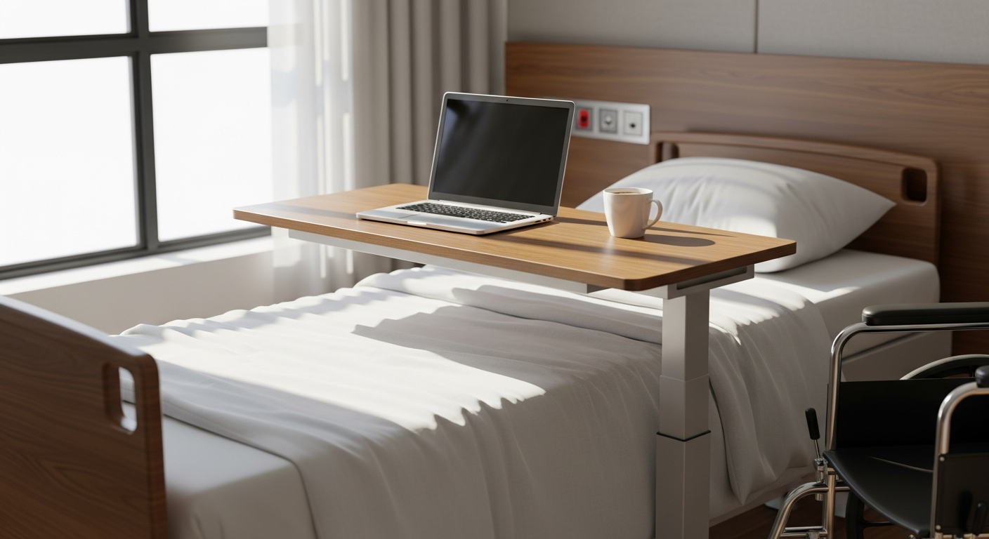 Carex Adjustable Rolling Overbed Table with C-shaped base and wheelchair access