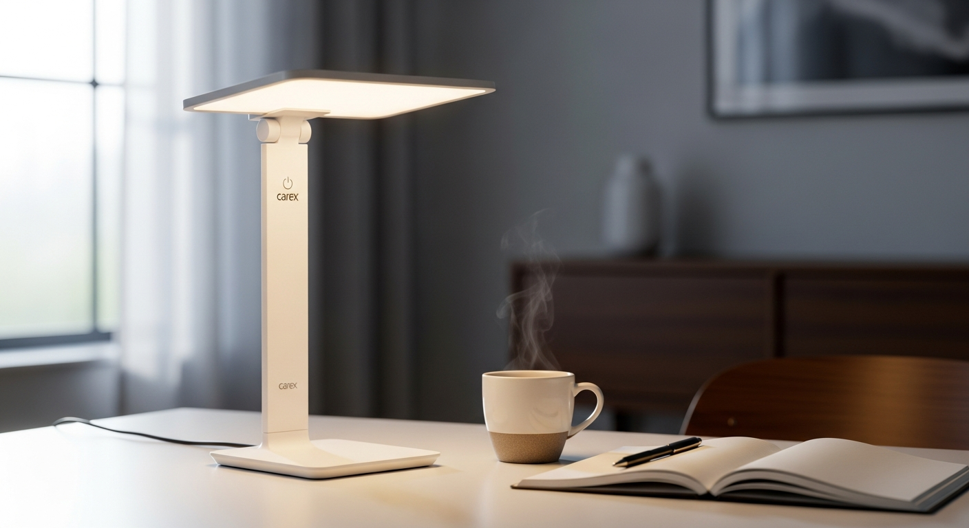 Carex Day-Light Classic Plus Lamp emitting bright clinical-grade light therapy