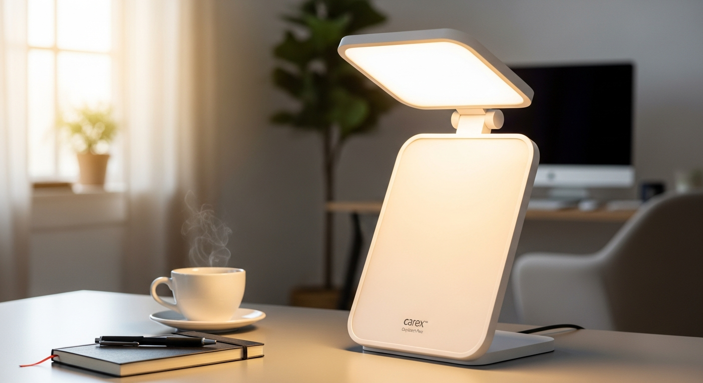 Carex Day-Light Classic Plus Therapy Lamp with 192 LED bulbs and adjustable positioning on desk