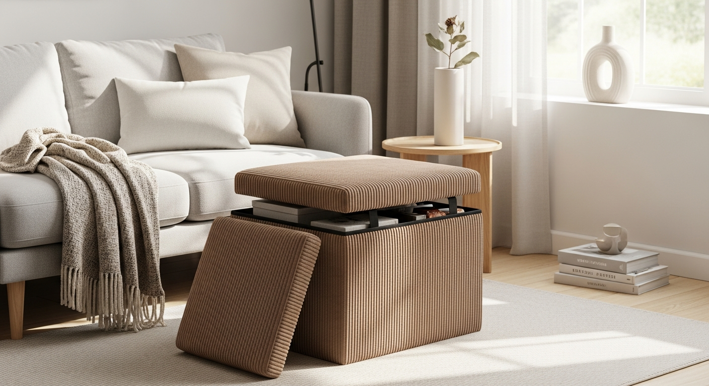 Square corduroy folding storage ottoman in grey color displayed in a modern minimalist living room setting