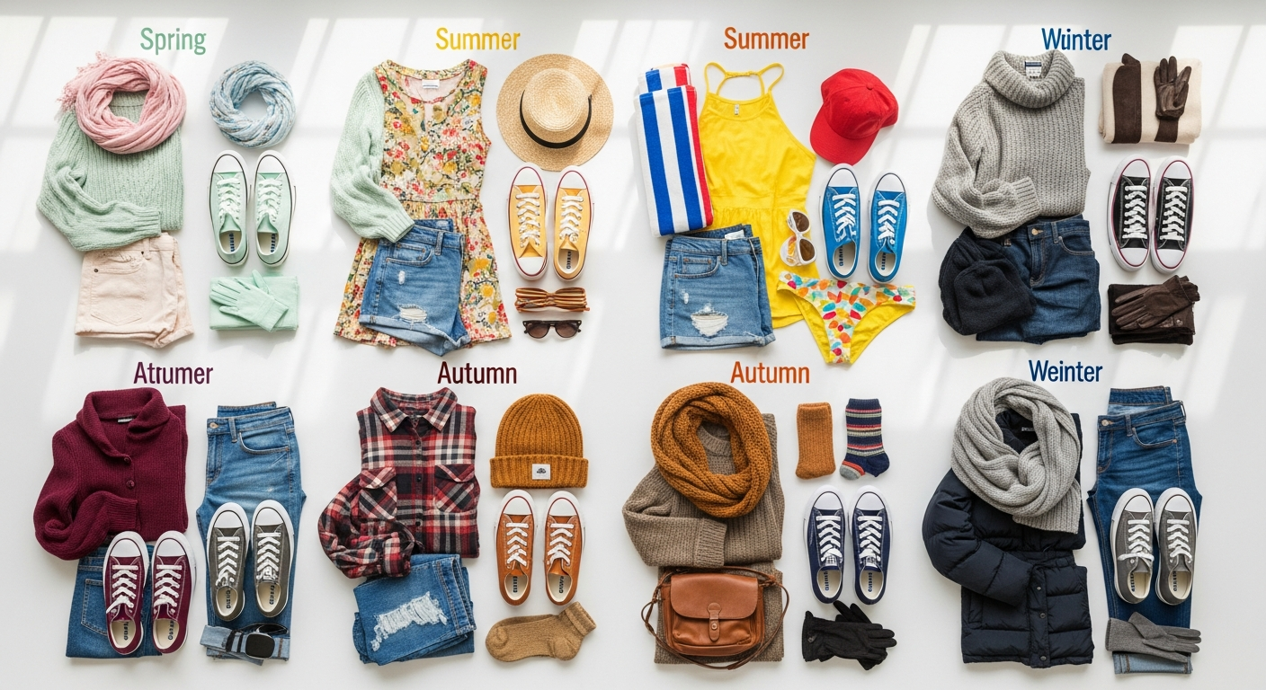 Converse Chuck Taylor All Star sneakers displayed in multiple colors and styles for seasonal outfit inspiration
