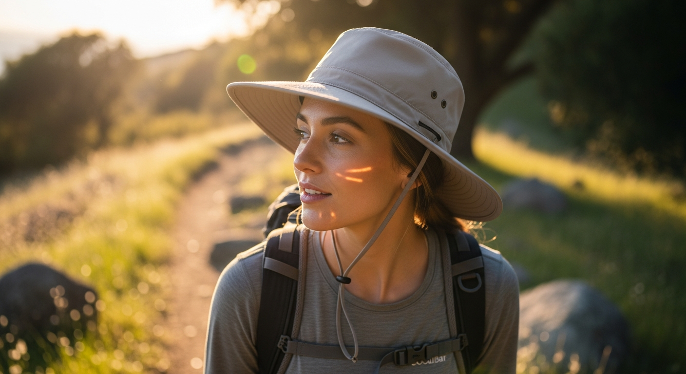 Coolibar Etta Sun Catcher Hat in neutral color displayed on white background showing shapeable brim and adjustable chin cord