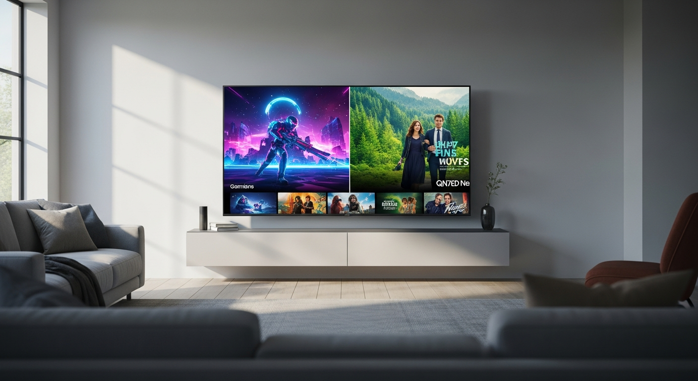 Samsung QN70F Neo QLED 4K TV displaying vibrant gaming and streaming content with Mini LED backlighting