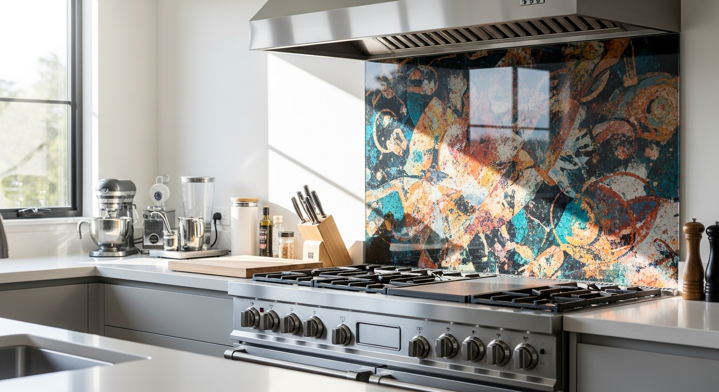 Custom printed toughened glass kitchen splashback displaying personalized family photo design in modern home