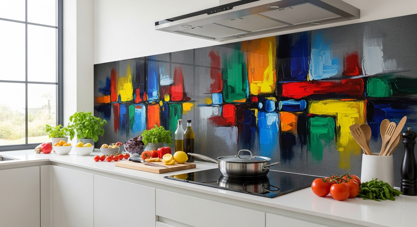 Modern custom printed toughened glass kitchen splashback displaying personalized family photo design with heat-resistant durability