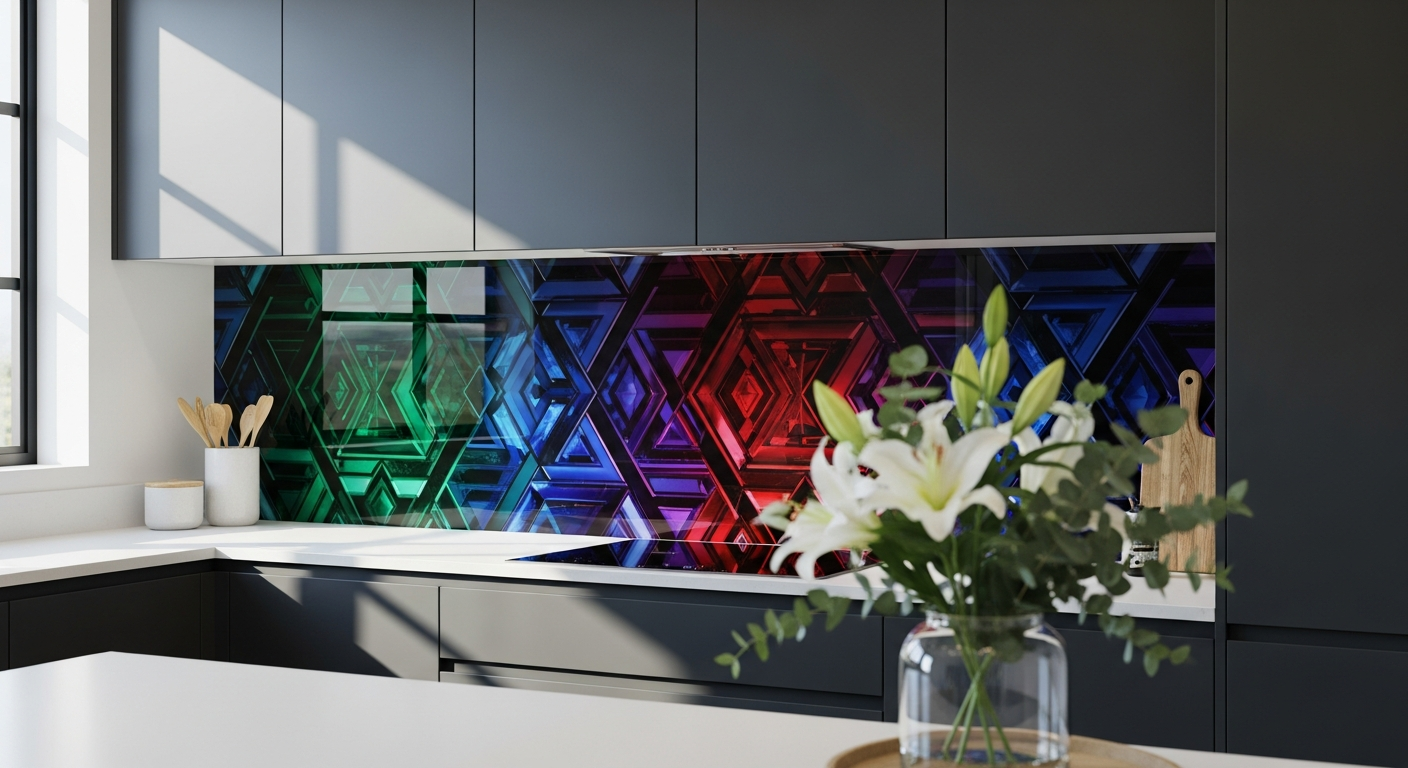 Custom printed glass kitchen splashback with personalized design and toughened glass protection
