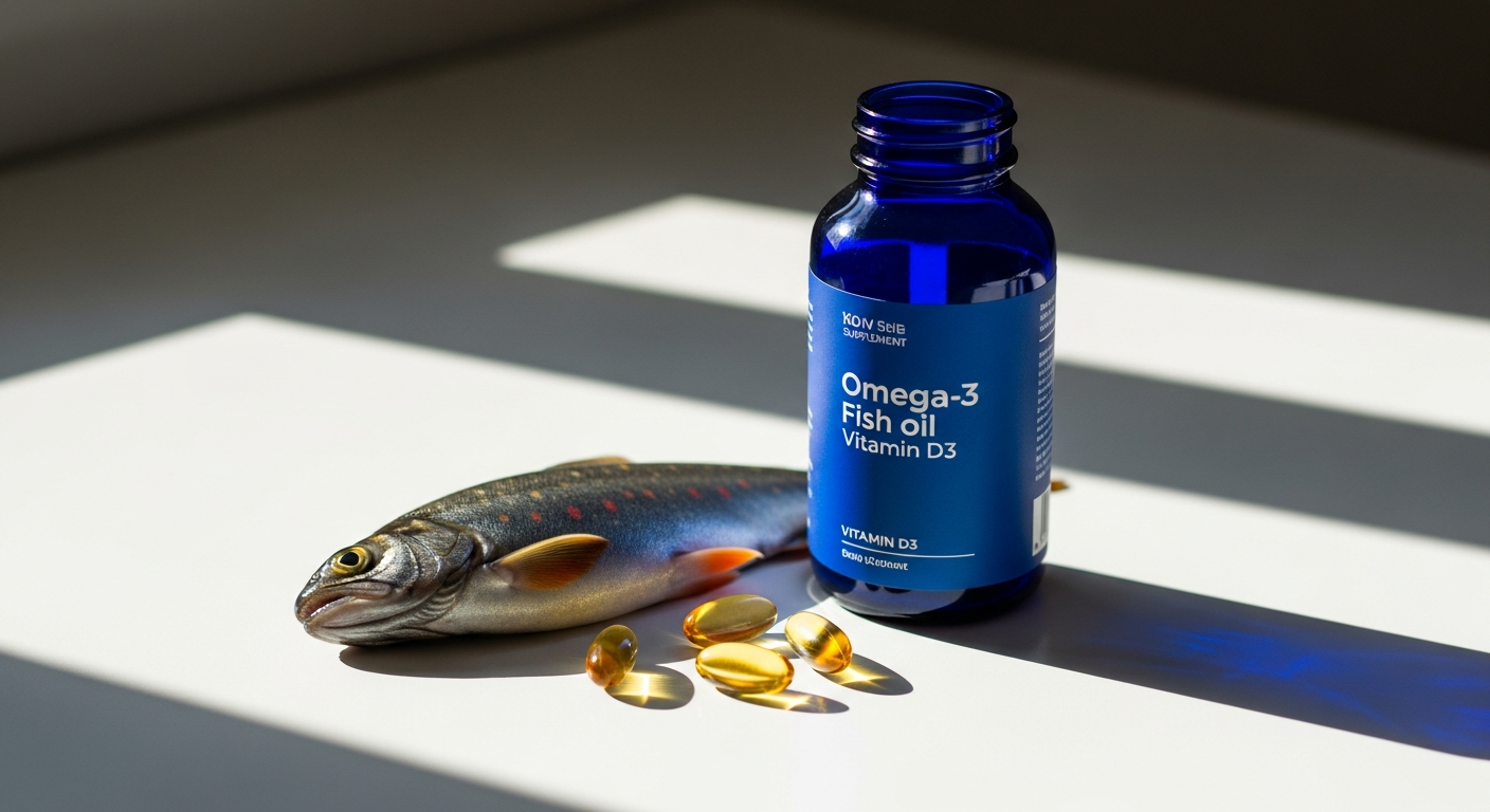 Arctic Blue Omega-3 Fish Oil with Vitamin D3 liquid supplement bottle displayed with natural ingredients and wellness concept