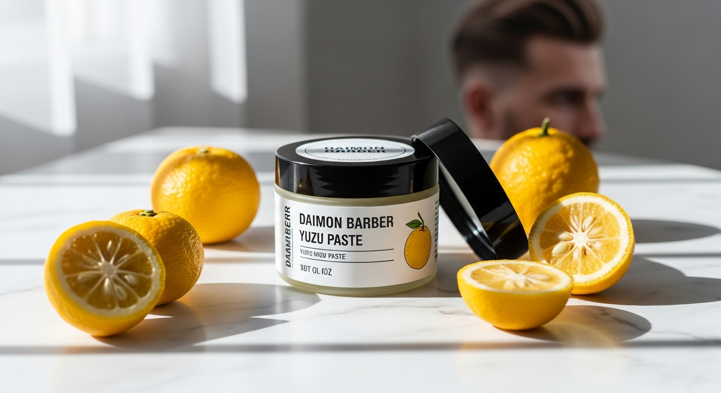 Daimon Barber Yuzu Paste jar with fresh yuzu fruit and styling product application on fine hair