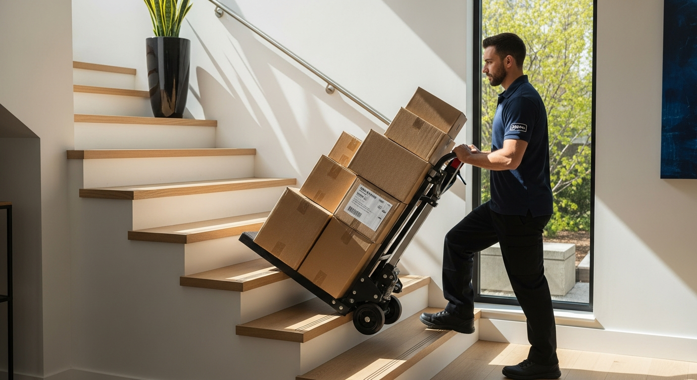 DeubaXXL 200kg stair climbing sack truck with tri-star wheels on residential staircase