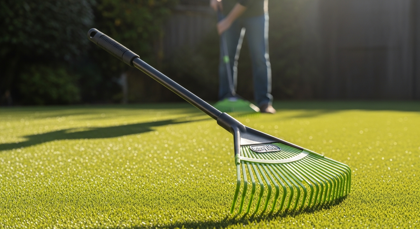 Easylife artificial grass rake with telescopic handle and polyamide bristles for synthetic lawn maintenance
