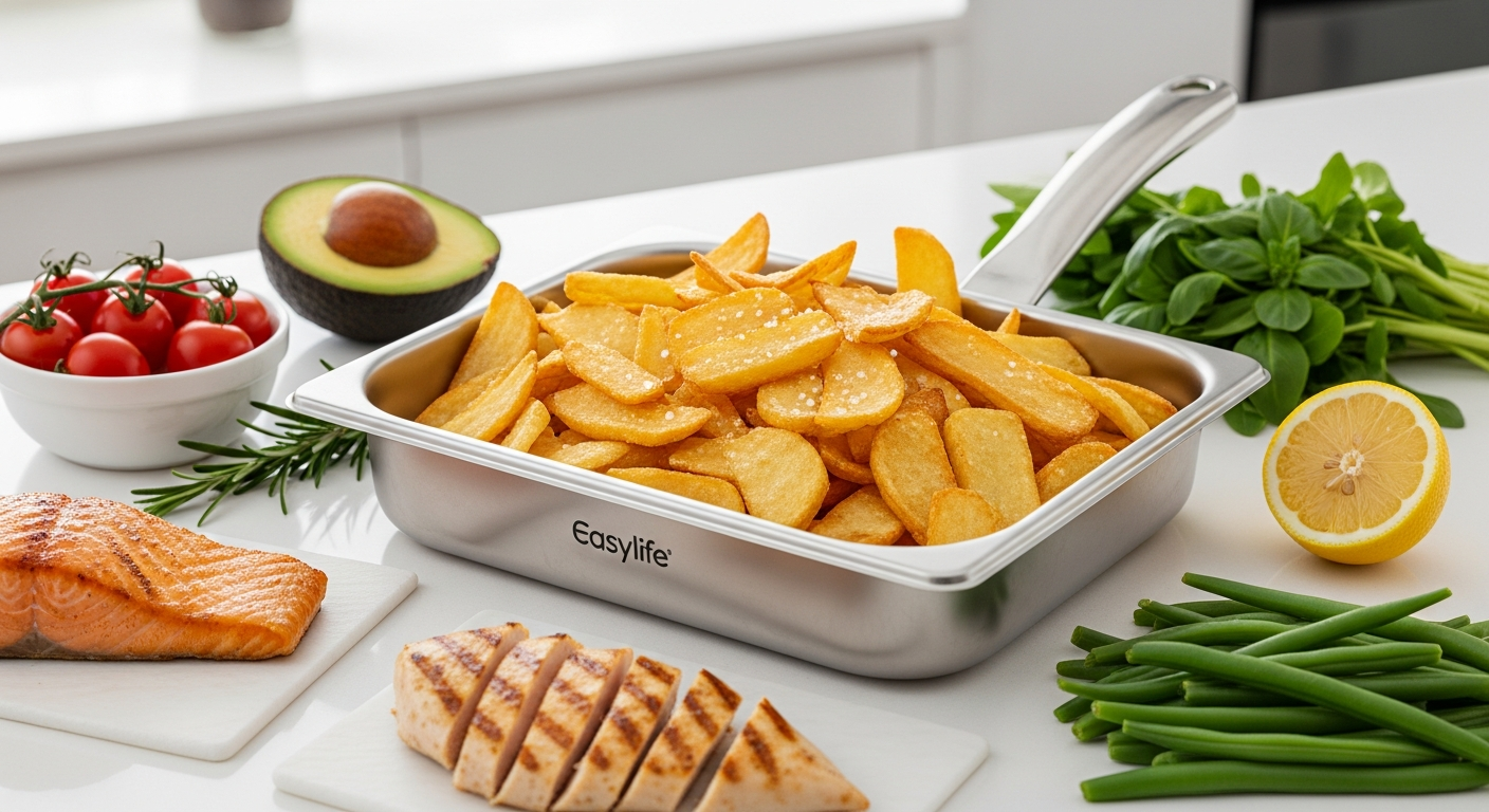 Easylife Microwave Chip Pan displayed with cooked chips and various foods inside a modern kitchen microwave