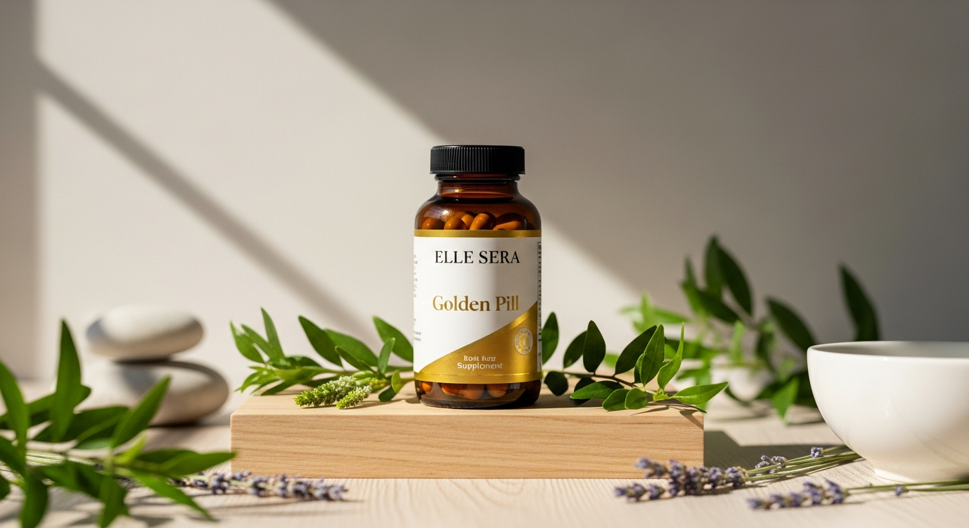 Woman in her 40s smiling confidently while holding Elle Sera Golden Pill supplement bottle in natural sunlight