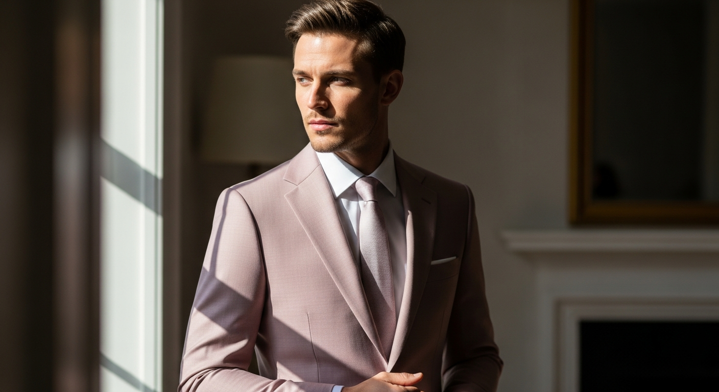 Blush mauve slim fit wedding suit displayed on a tailored mannequin showcasing modern menswear