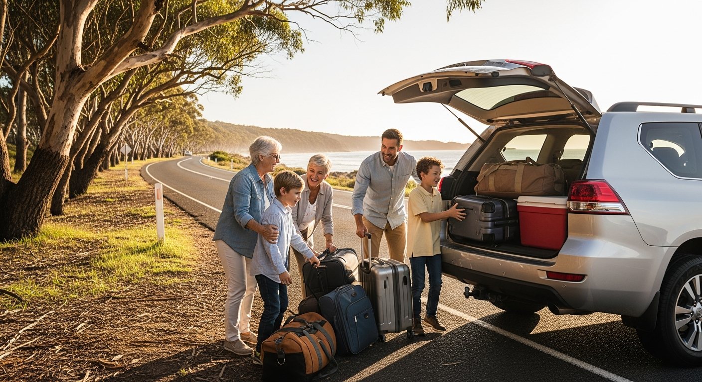 Family enjoying spacious SUV interior during Australian road trip adventure with luggage