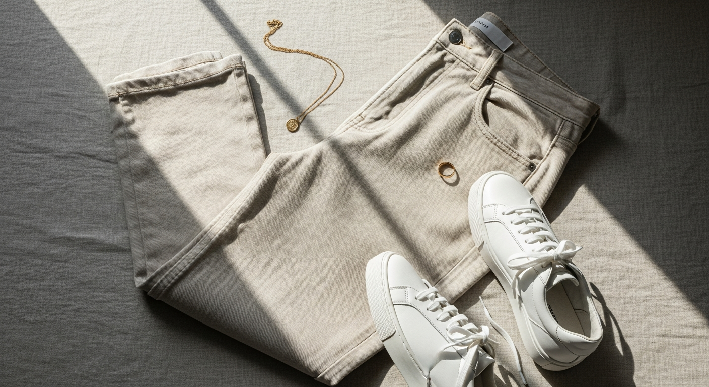 Light beige coated denim jeans displayed on a neutral background showcasing the glossy finish
