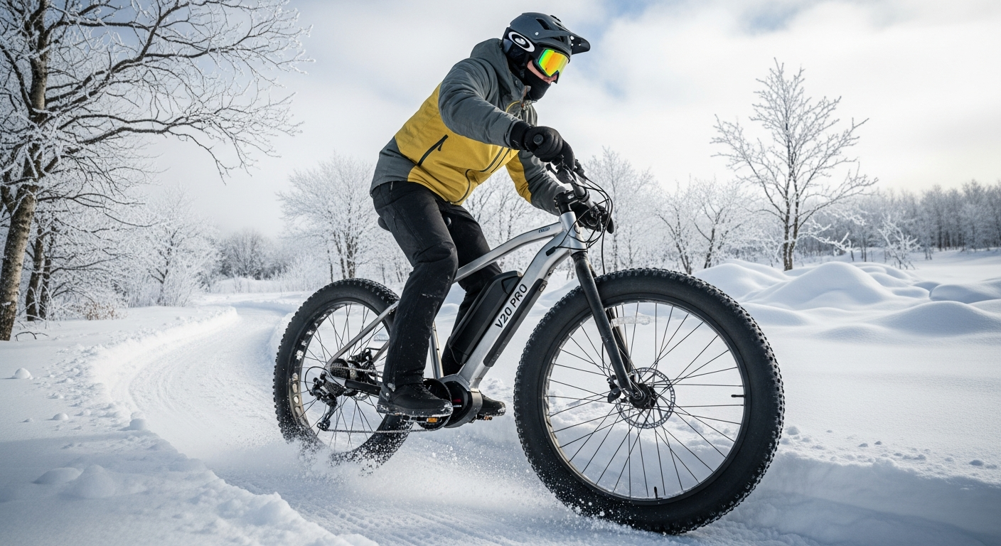 V20 Pro Electric Fatbike conquering snowy winter terrain with powerful motor and wide tires