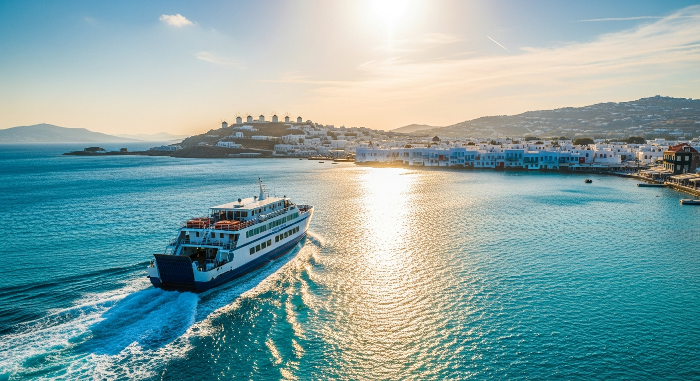 Ferry boat sailing across blue Aegean Sea from Athens toward Mykonos island destination