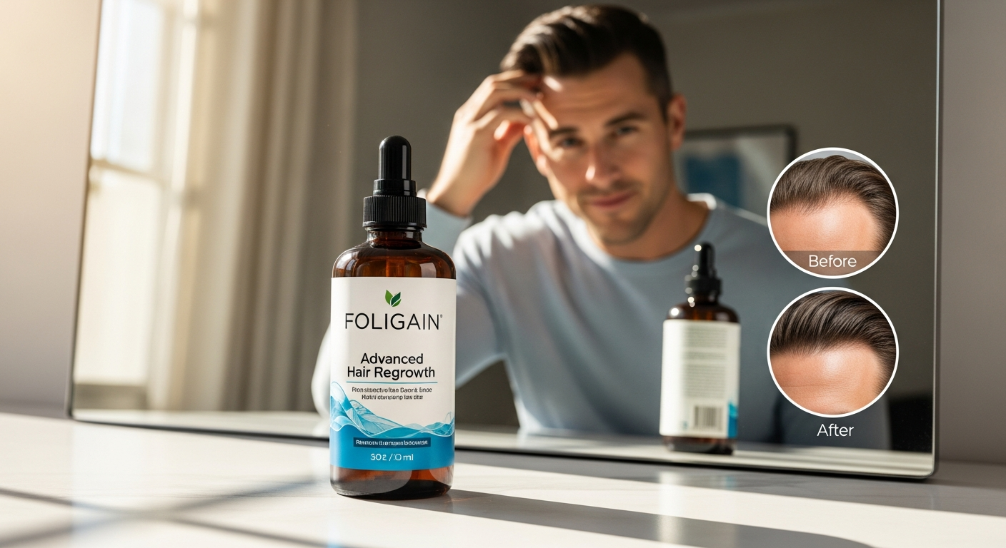 FOLIGAIN Advanced Hair Regrowth bottle with Minoxidil and Trioxidil formula displayed on bathroom counter