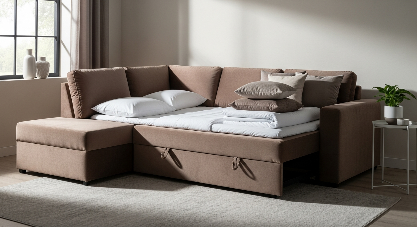 Elegant grey velvet U-shaped sofa bed with integrated storage in modern living room setting
