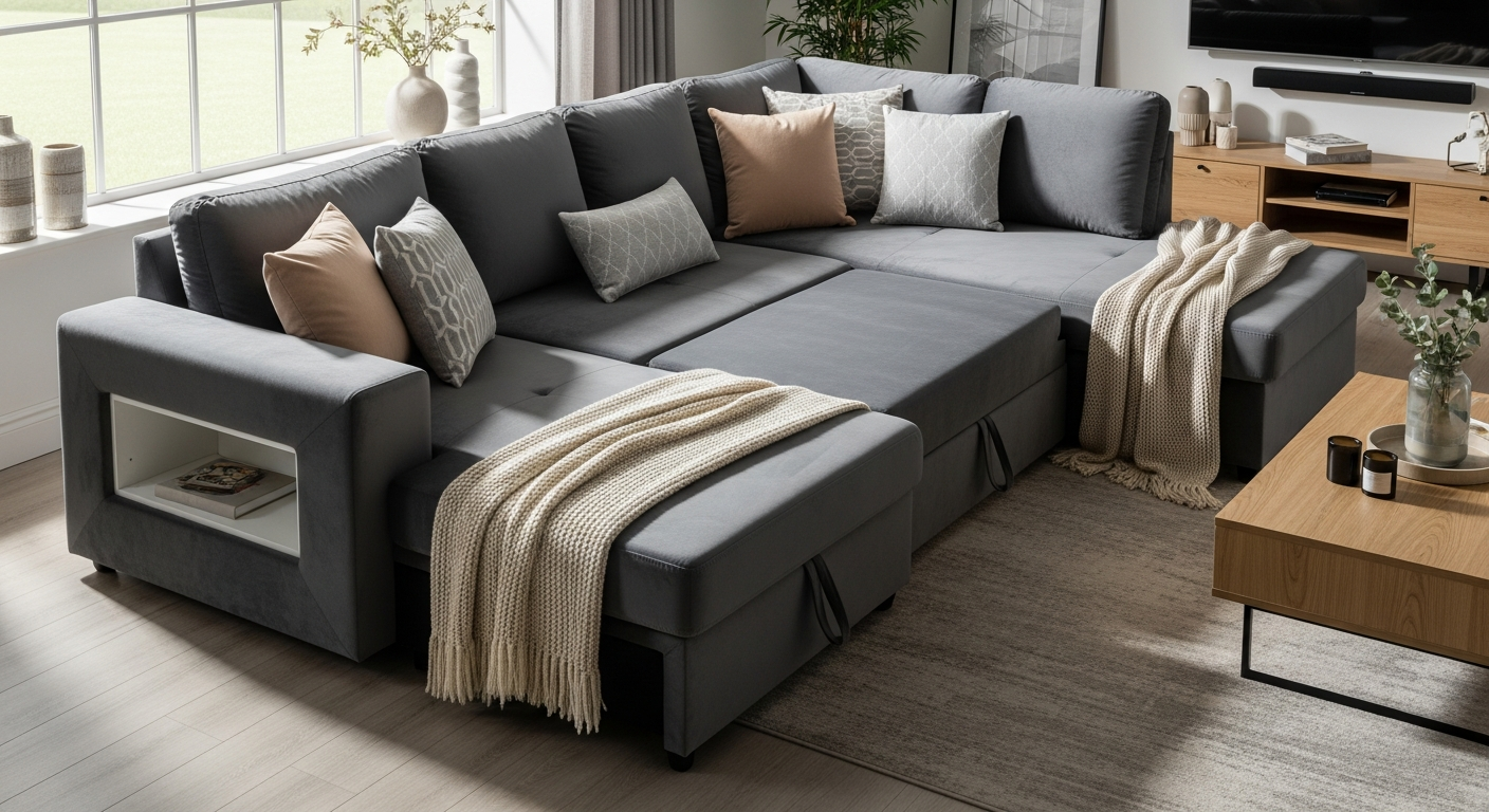 Meridian U-Shape Velvet Sofa Bed with Storage in Platinum Grey, showcasing wraparound seating design and pull-out bed mechanism