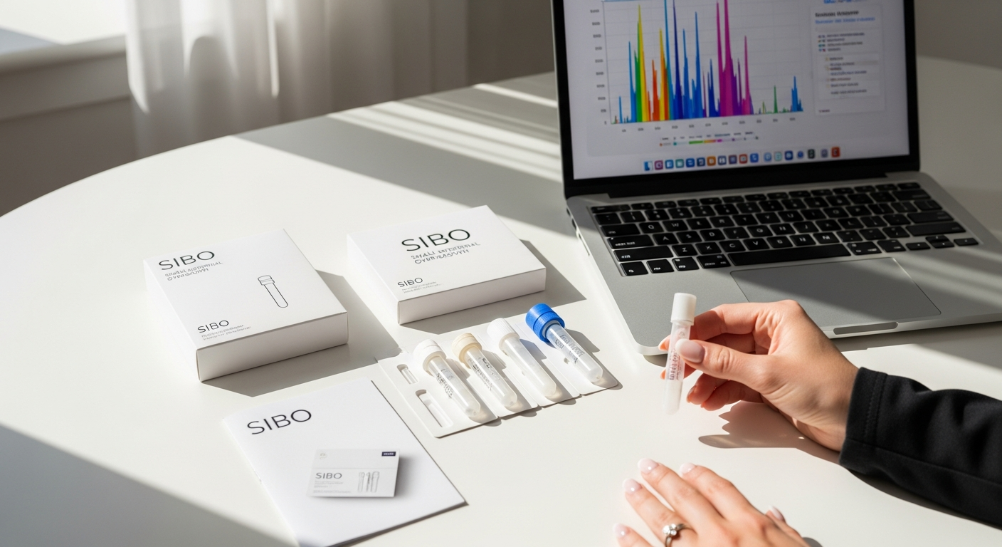GI Cognition SIBO home test kit with breath collection equipment and laboratory analysis documentation displayed together
