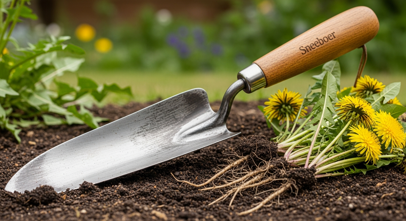 Hand-forged stainless steel Sneeboer dandelion weeding trowel with wooden handle on garden soil