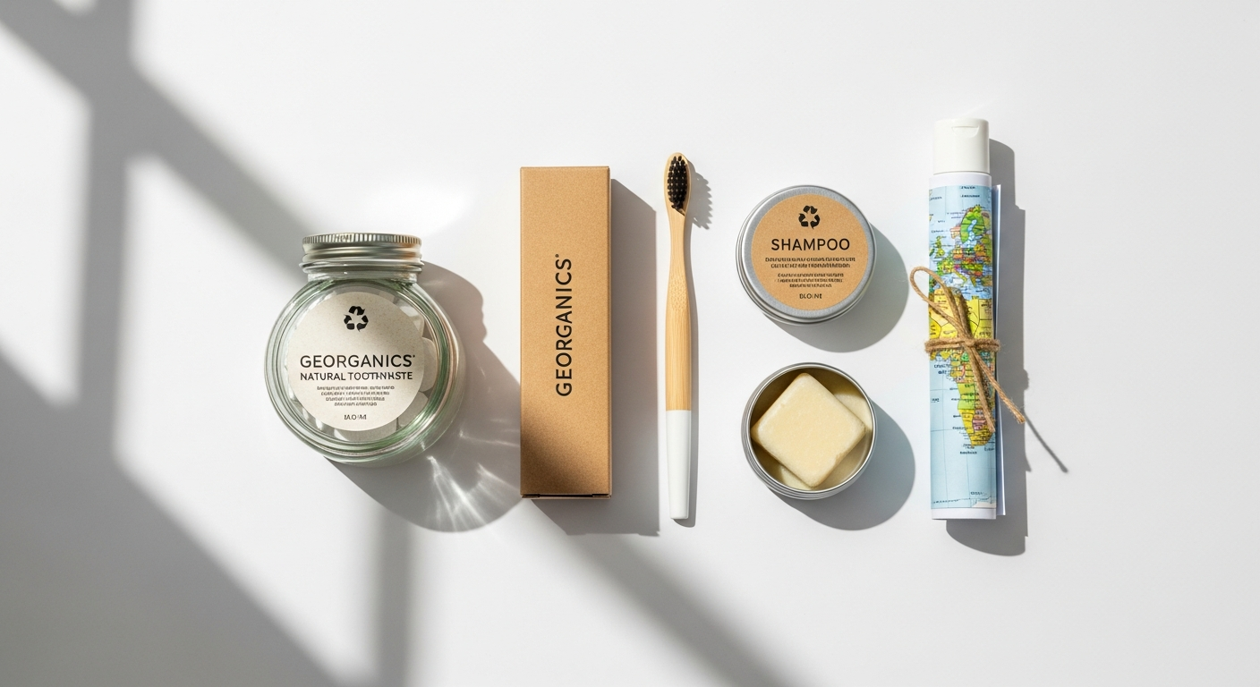Georganics Natural Toothpaste Tablets in glass jar with peppermint and charcoal variants displayed for eco-conscious travelers