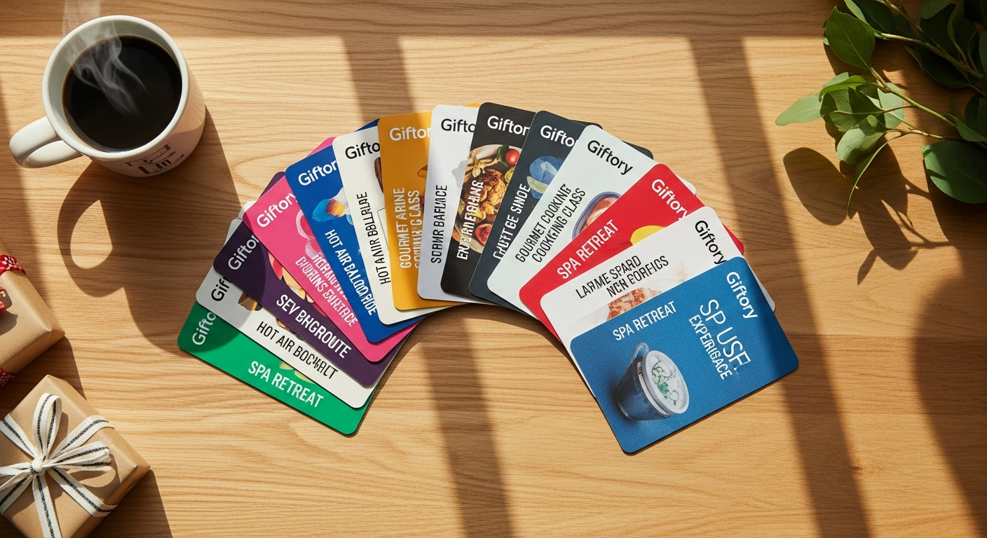 Giftory Experience Gift Card displayed with colorful experience icons and adventure imagery background