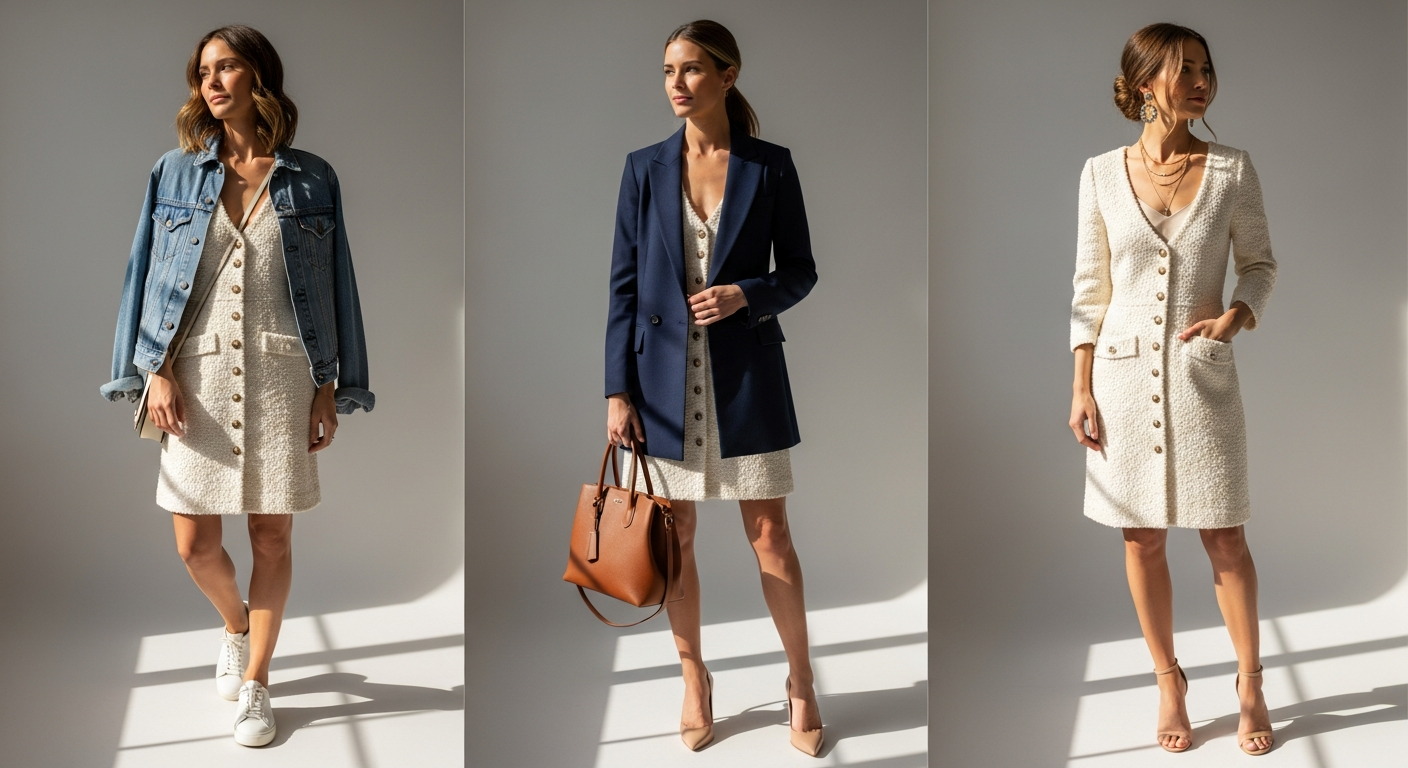 Cream boucle button-front mini dress styled with layered accessories and outerwear