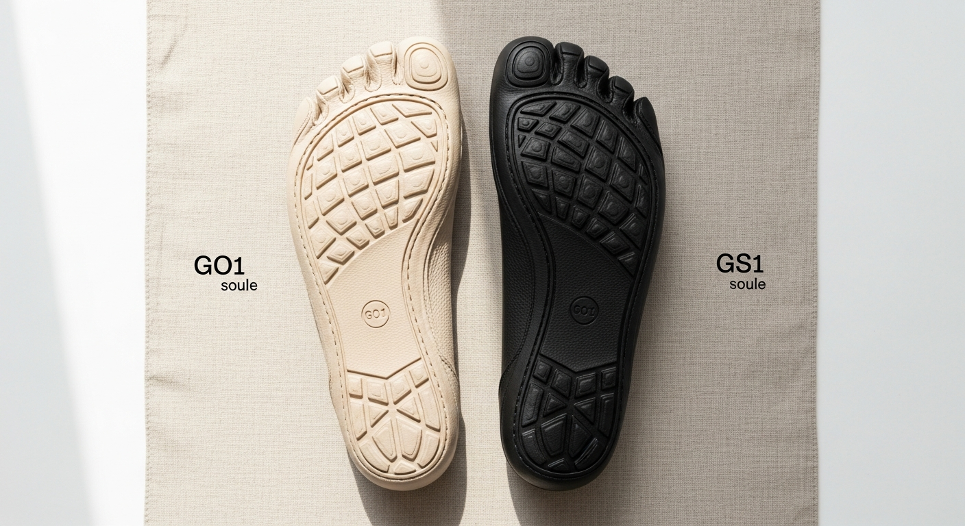 Groundies Nova barefoot leather sneakers displaying GO1 and GS1 sole comparison side by side