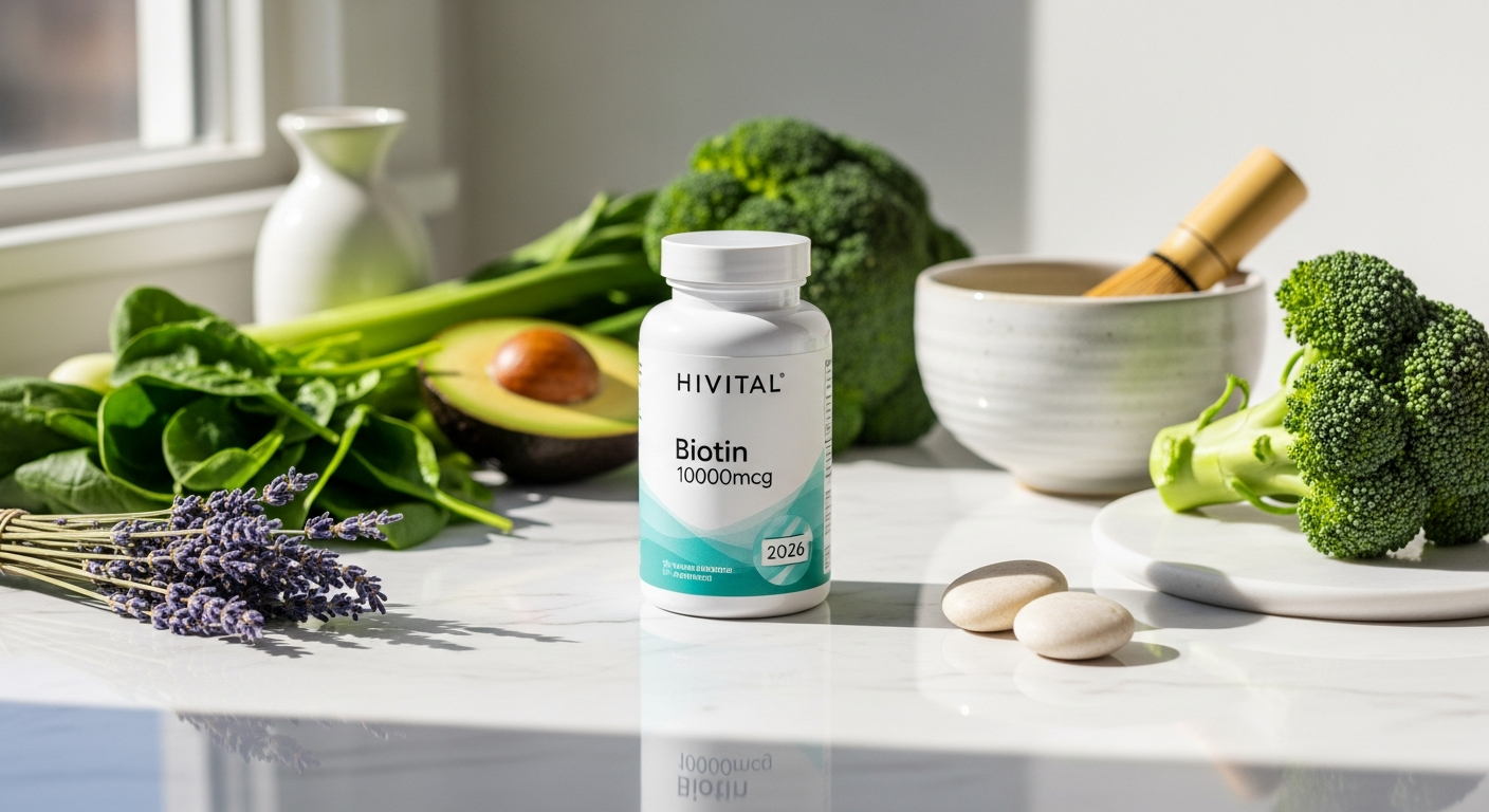 HIVITAL Biotin 10000mcg supplement bottle with 365 vegan tablets for metabolic wellness
